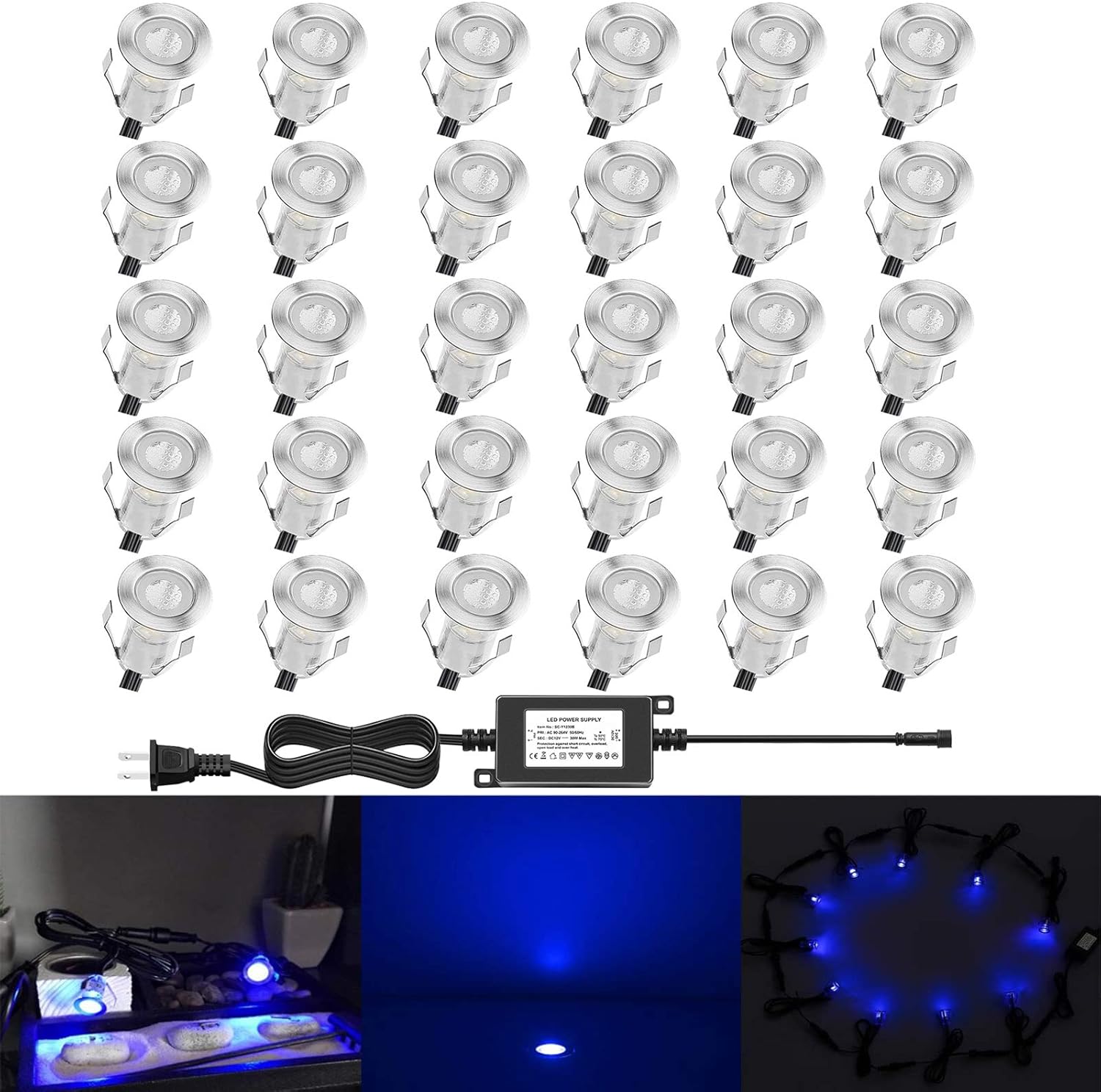 0.7 Warm White LED Deck Light Kit, Stainless Steel Waterproof Recessed Low Voltage Outdoor Lighting, Pack of 30 Z6696