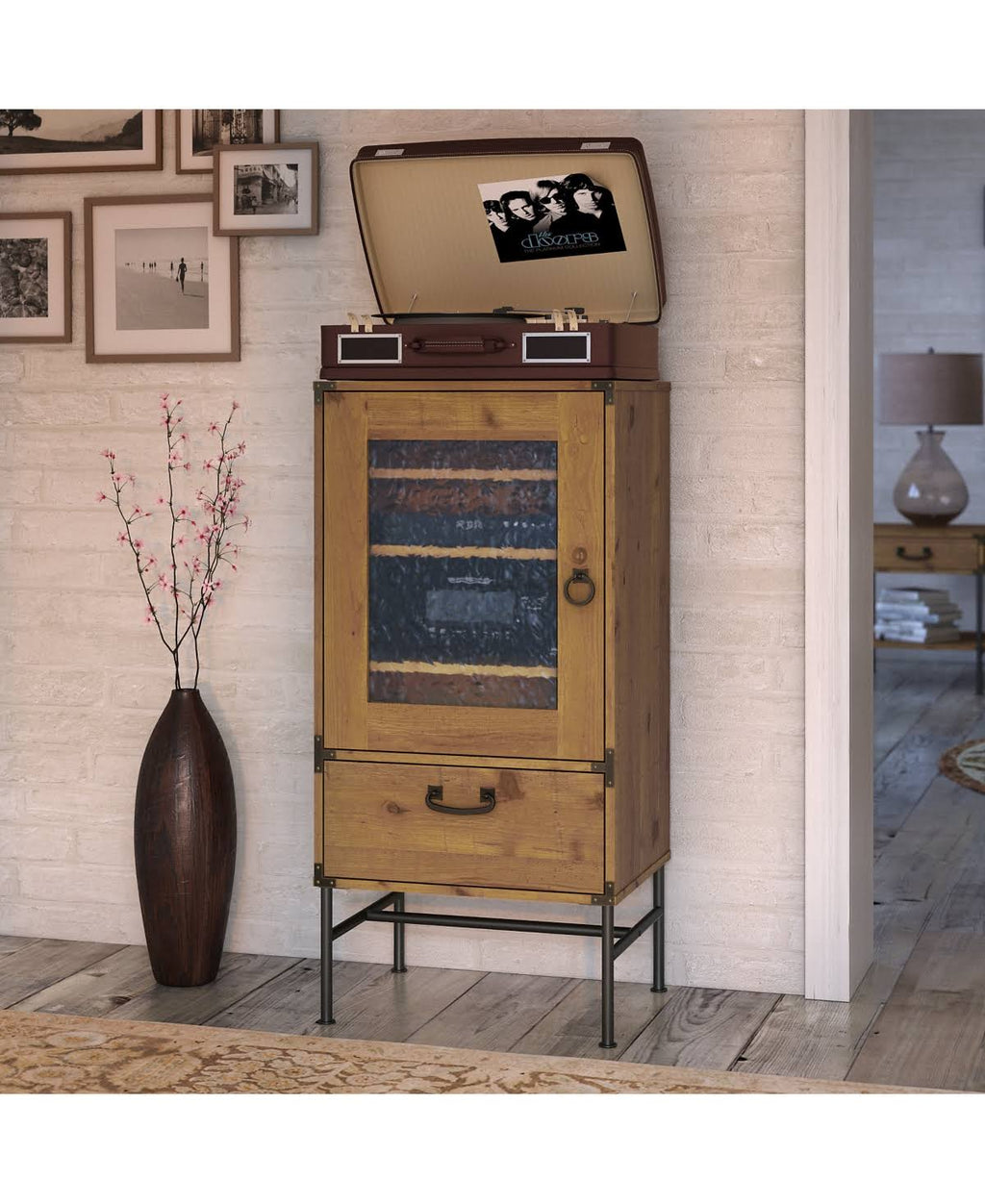 Vintage Golden Pine Audio Storage Cabinet Z82618
