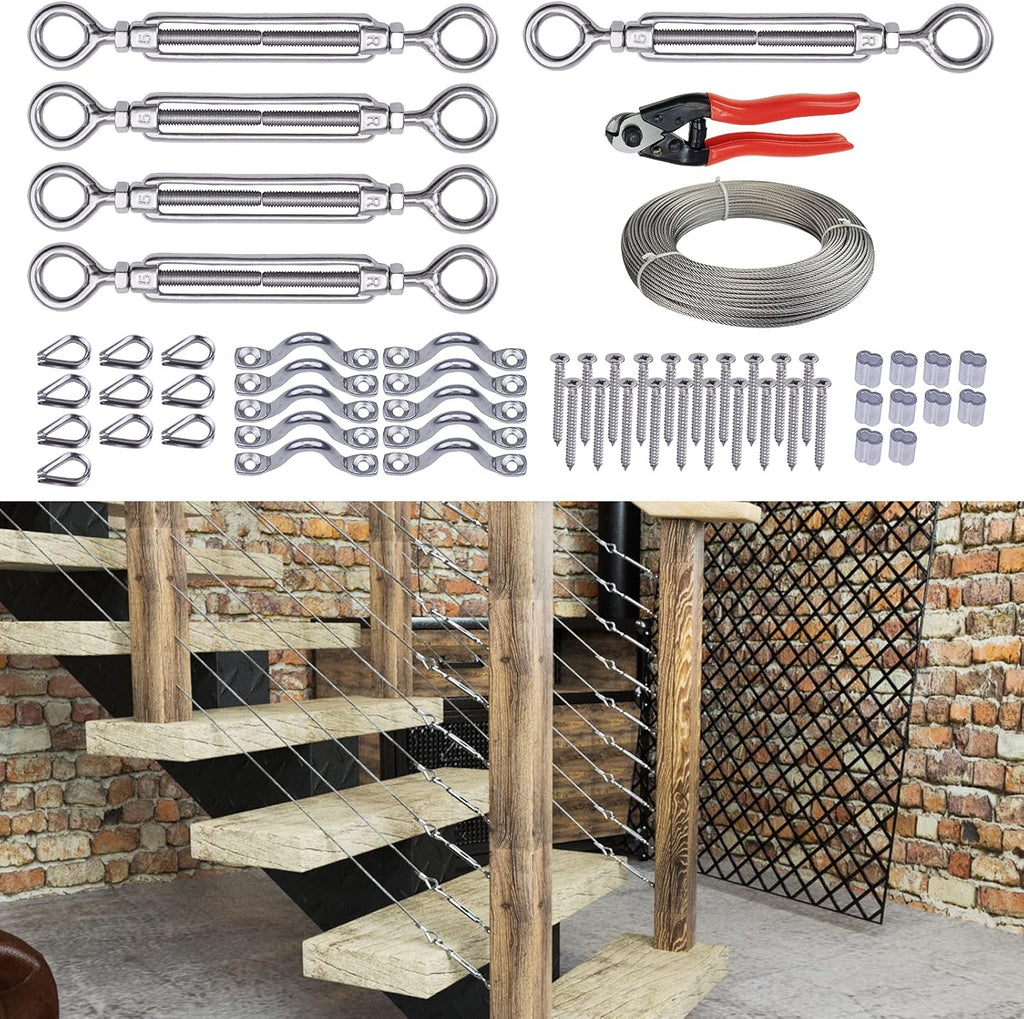 5Set 1/8" Cable Railing Kit Hardware Turnbuckle M5 Eye to Eye and 165' Wire Rope Stainless Steel Angle Adjustable 5 Cable Lines, Pack of 2 I54133