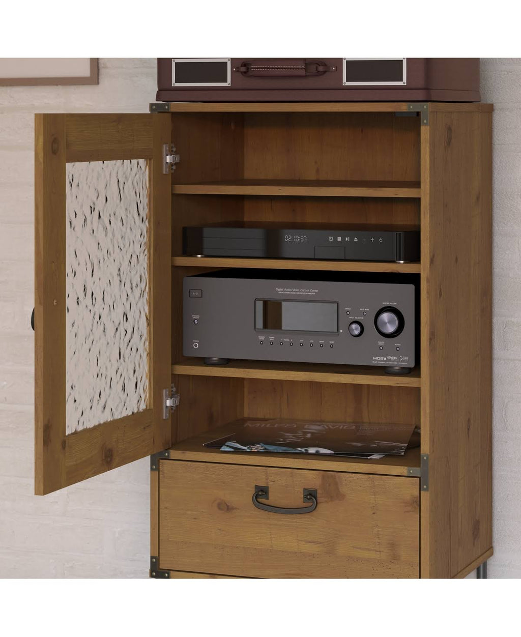 Vintage Golden Pine Audio Storage Cabinet Z82618