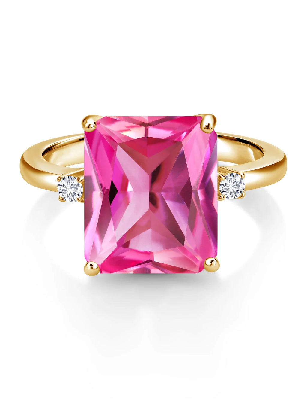 18K Yellow Gold Plated Silver 12X10MM Pink Created Sapphire and 2MM White Diamond 3 Stone Engagement Ring U91265
