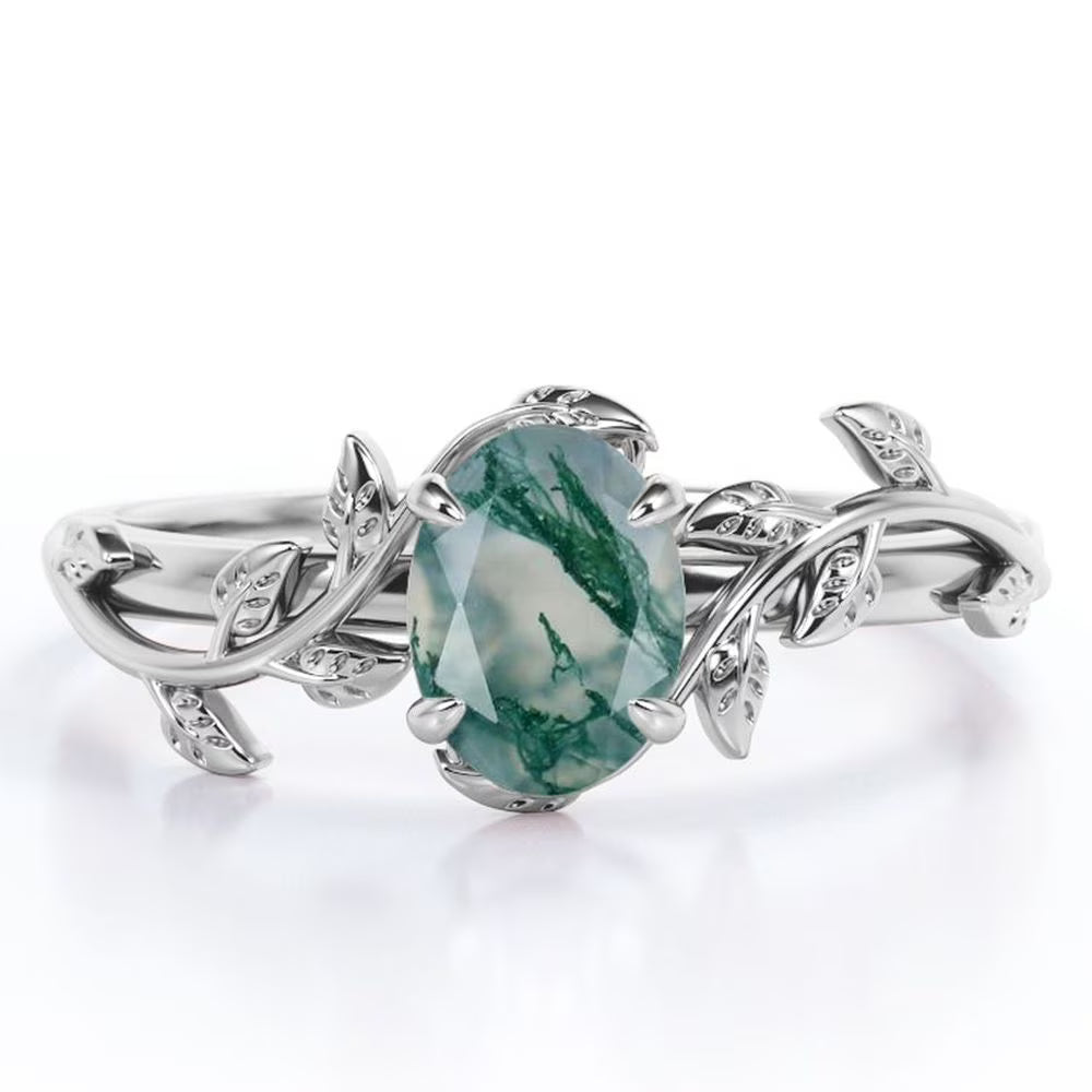 1.3 Carat Oval Shape Milky White Moss Green Agate Engagement Ring N881852