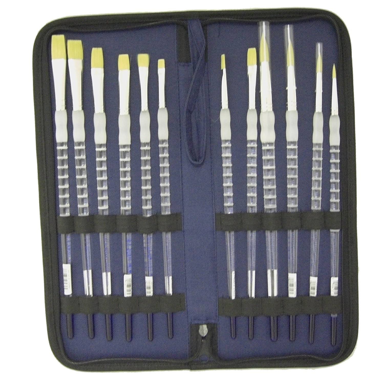12 Long Handle Soft Grip Artist Paint Brushes with Storage Case Y39246