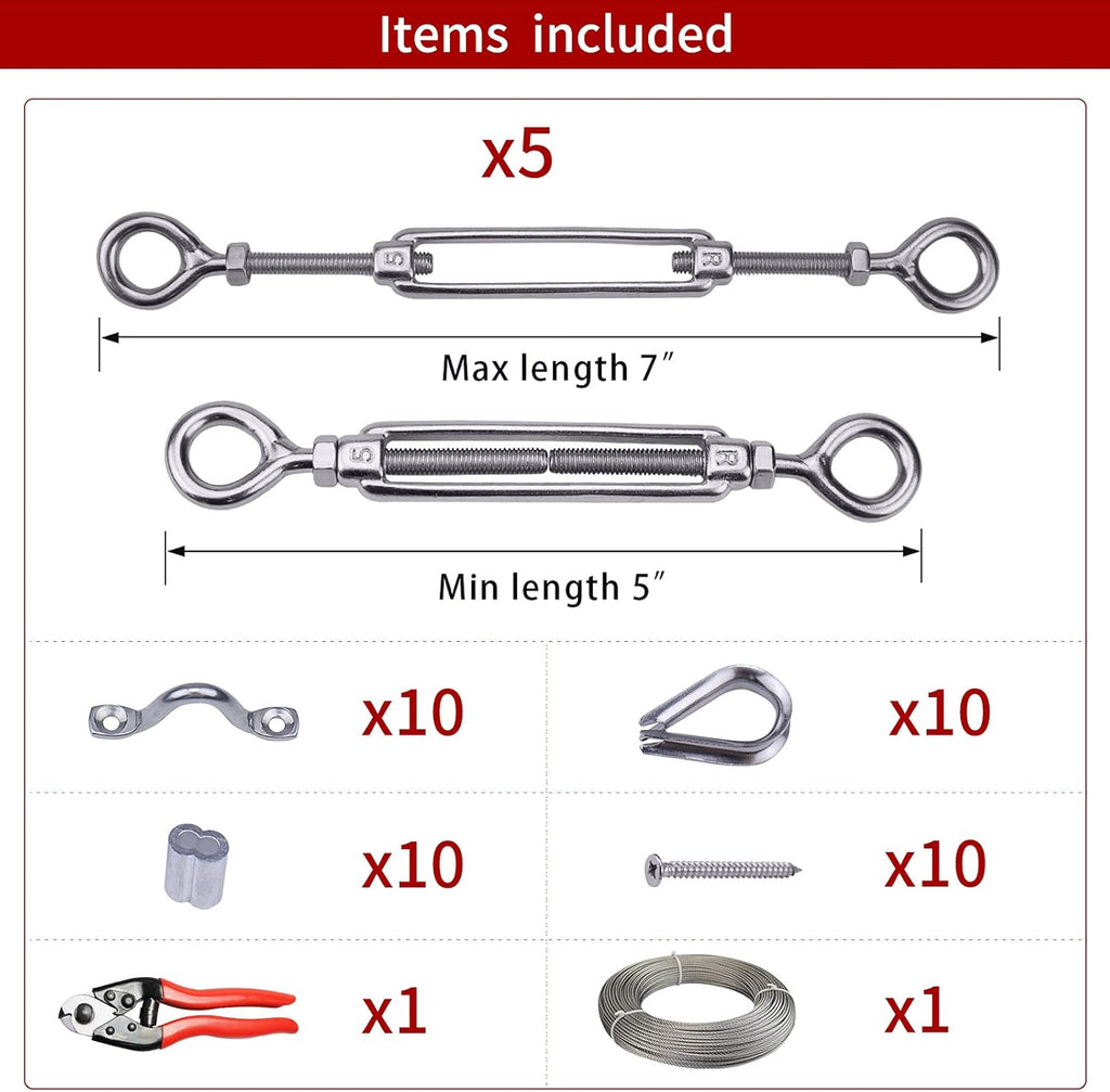 5Set 1/8" Cable Railing Kit Hardware Turnbuckle M5 Eye to Eye and 165' Wire Rope Stainless Steel Angle Adjustable 5 Cable Lines, Pack of 2 I54133