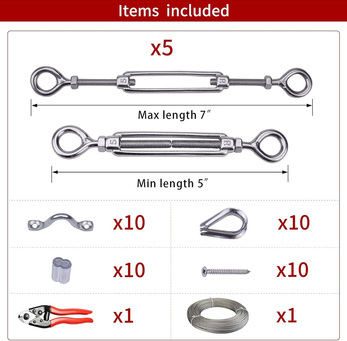 5Set 1/8" Cable Railing Kit Hardware Turnbuckle M5 Eye to Eye and 165' Wire Rope Stainless Steel Angle Adjustable 5 Cable Lines, Pack of 2 I54133