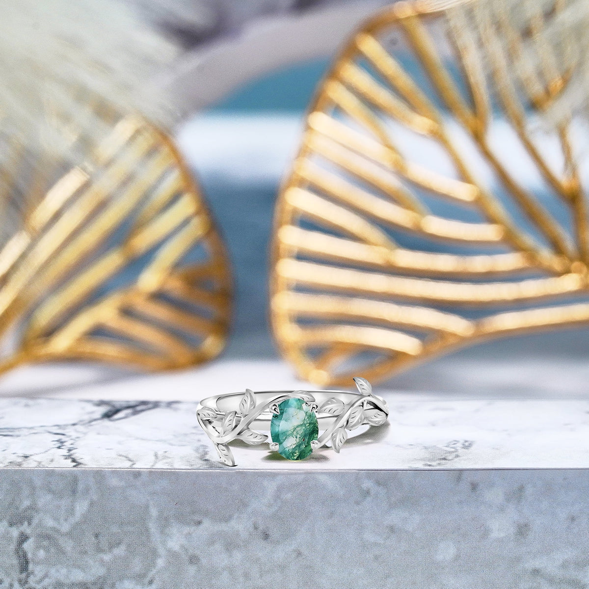 1.3 Carat Oval Shape Milky White Moss Green Agate Engagement Ring N881852