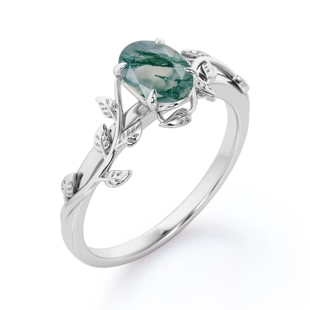 1.3 Carat Oval Shape Milky White Moss Green Agate Engagement Ring N881852
